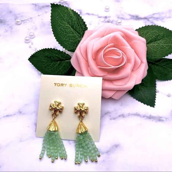 NWOT Tory Burch Gold Roxanne,Mint Green Beaded Dangle Stud Earings - Picture 2 of 7